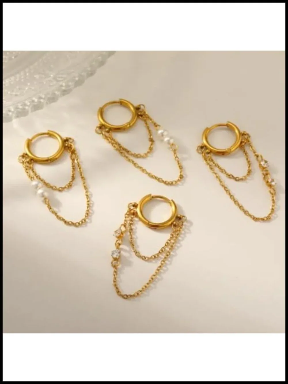 18K Gold Plated 304 Stainless Steel Double Dangling Chain Huggie Hoop Earrings